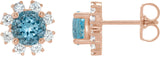 14K Gold Natural Blue Zircon Round 4-Prong Halo-Style Earrings - Rose Gold
