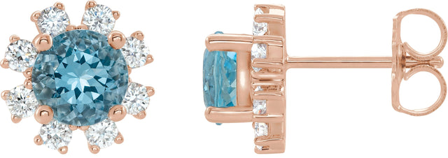 14K Gold Natural Blue Zircon Round 4-Prong Halo-Style Earrings - Rose Gold