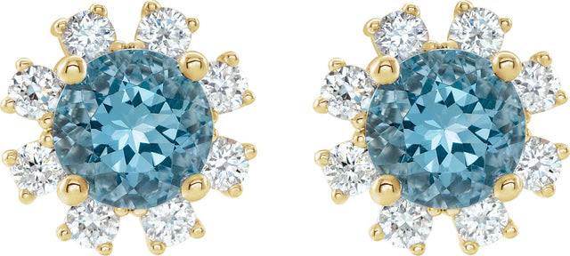 14K Gold Natural Blue Zircon Round 4-Prong Halo-Style Earrings - Yellow Gold - view 2