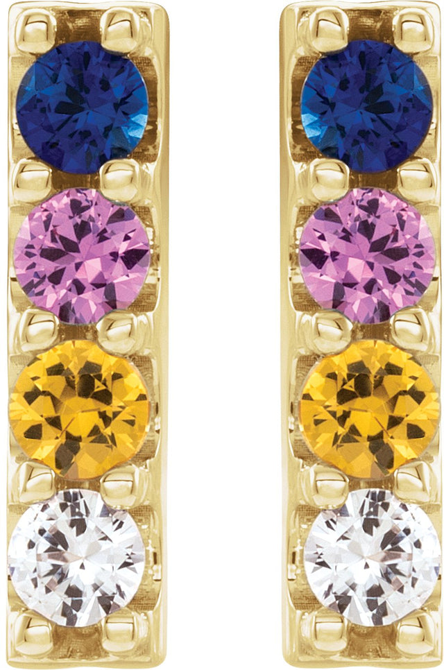 14K Gold Round Natural Multi-Gemstone Accented Bar Earrings - Yellow Gold - view 2