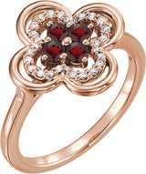 14K Gold Round Natural Mozambique Garnet Clover Ring - Rose Gold