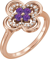 14K Gold Round Natural Amethyst Clover Ring - Rose Gold