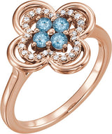 14K Gold Round Natural Aquamarine Clover Ring - Rose Gold