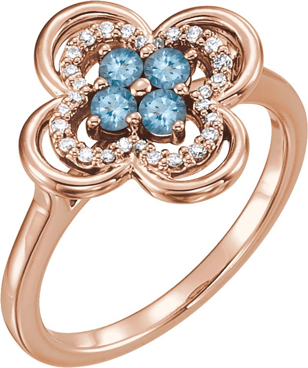 14K Gold Round Natural Aquamarine Clover Ring - Rose Gold