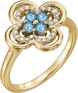 14K Gold Round Natural Aquamarine Clover Ring - Yellow Gold
