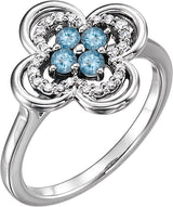 14K Gold Round Natural Aquamarine Clover Ring - White Gold
