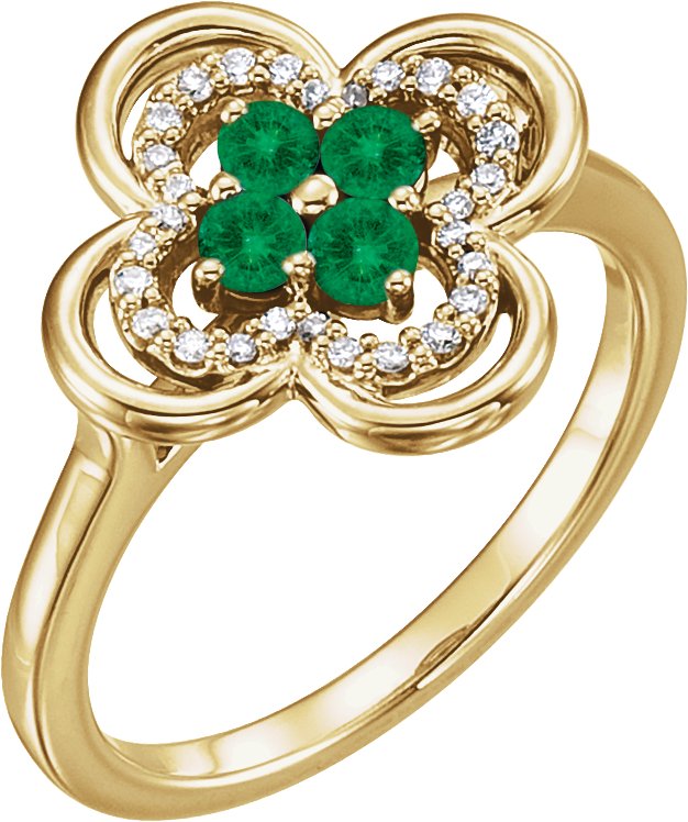 14K Gold Round Lab-Grown Emerald Clover Ring - Yellow Gold