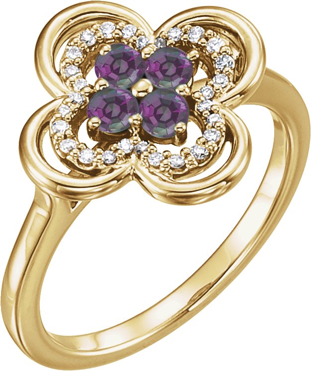 14K Gold Round Lab-Grown Alexandrite Clover Ring - Yellow Gold