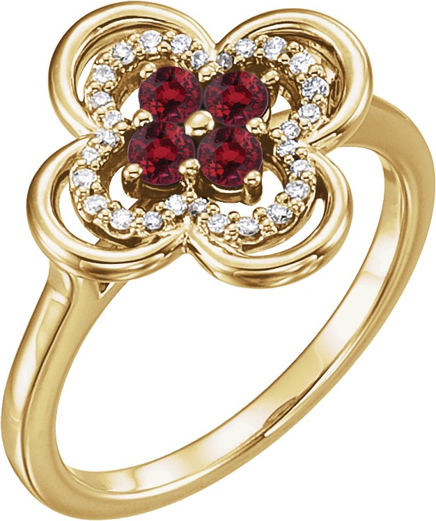 14K Gold Round Lab-Grown Ruby Clover Ring - Yellow Gold
