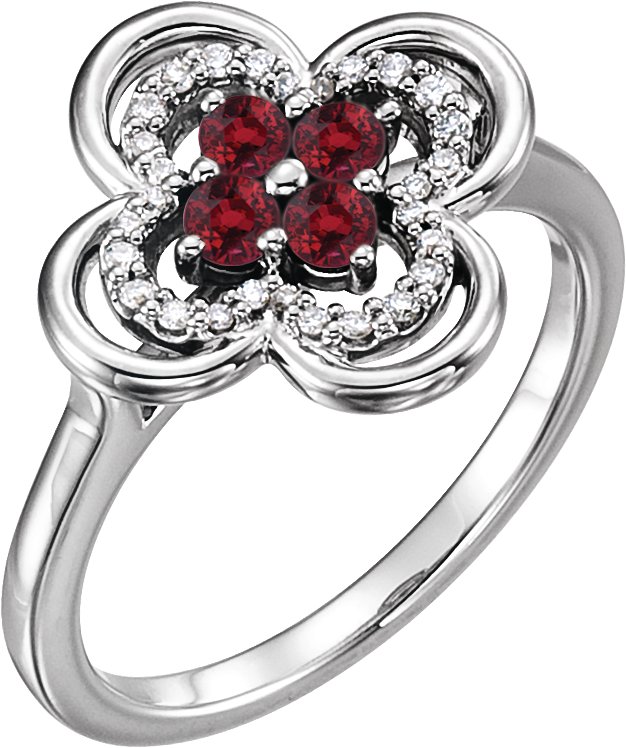 14K Gold Round Lab-Grown Ruby Clover Ring - White Gold