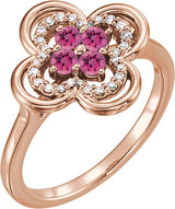 14K Gold Round Natural Pink Tourmaline Clover Ring - Rose Gold