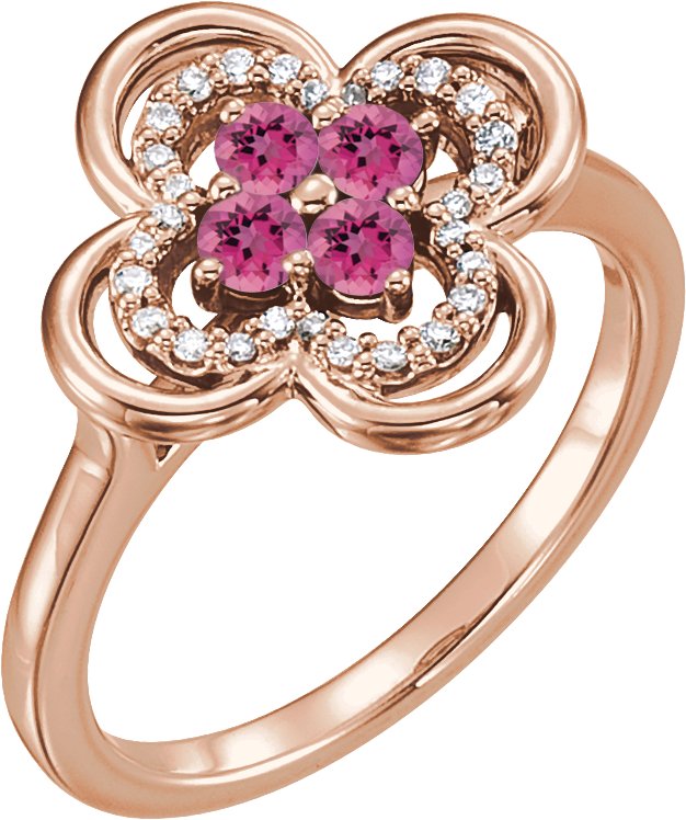 14K Gold Round Natural Pink Tourmaline Clover Ring - Rose Gold