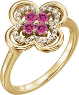 14K Gold Round Natural Pink Tourmaline Clover Ring - Yellow Gold