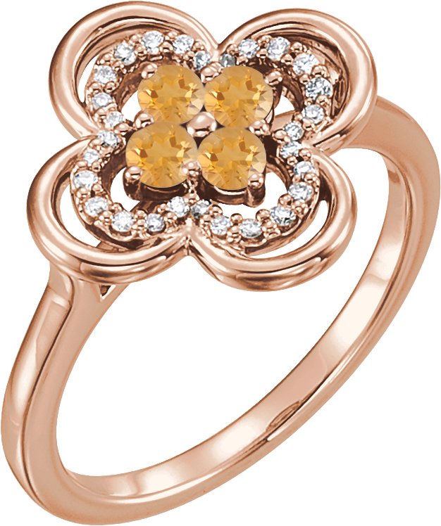 14K Gold Round Natural Citrine Clover Ring - Rose Gold