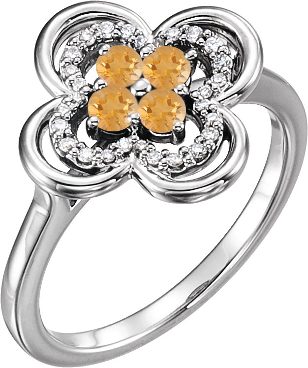 14K Gold Round Natural Citrine Clover Ring - White Gold