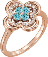 14K Gold Round Natural Blue Zircon Clover Ring - Rose Gold