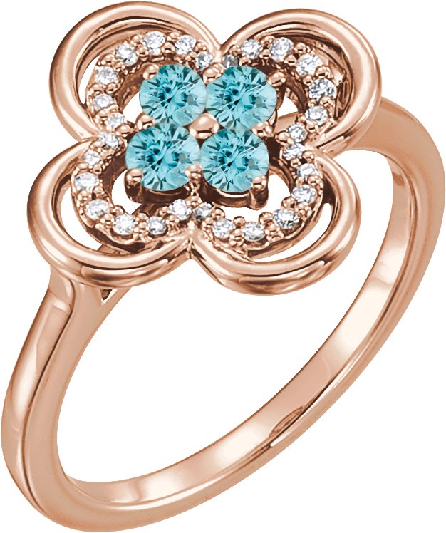 14K Gold Round Natural Blue Zircon Clover Ring - Rose Gold