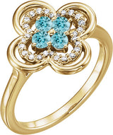 14K Gold Round Natural Blue Zircon Clover Ring - Yellow Gold