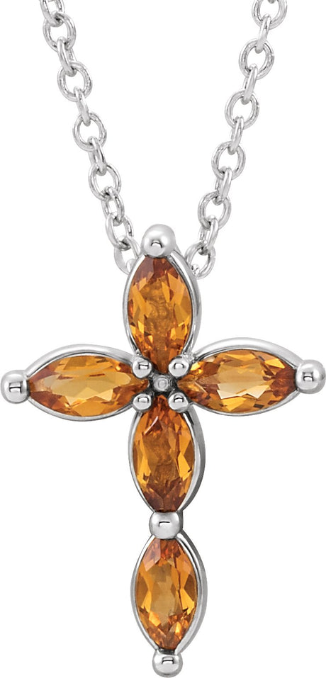 14K Gold Marquise Natural Citrine Cross Necklace or Pendant - White Gold
