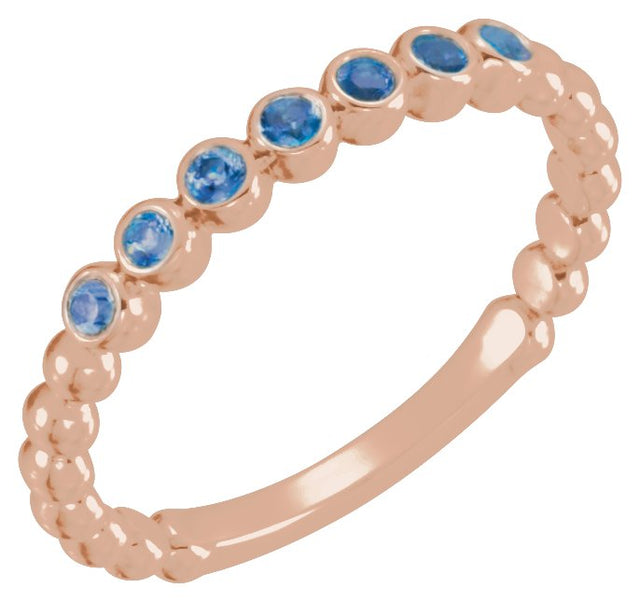 14K Gold Round Natural Blue Sapphire Stackable Bead Ring - Rose Gold
