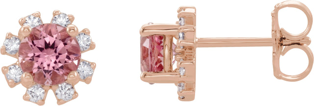 14K Gold Natural Pink Tourmaline Round 4-Prong Halo-Style Earrings - Rose Gold