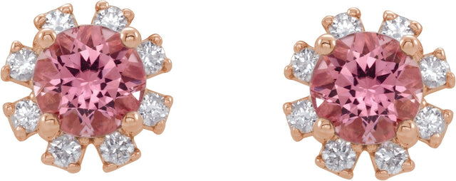 14K Gold Natural Pink Tourmaline Round 4-Prong Halo-Style Earrings - Rose Gold - view 2