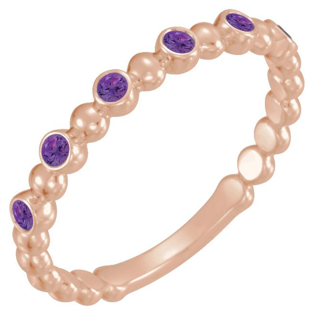 14K Gold Round Natural Amethyst Stackable Bead Ring – 1.75mm Stones - Rose Gold