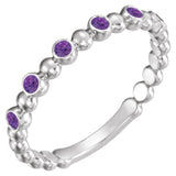 14K Gold Round Natural Amethyst Stackable Bead Ring – 1.75mm Stones - White Gold