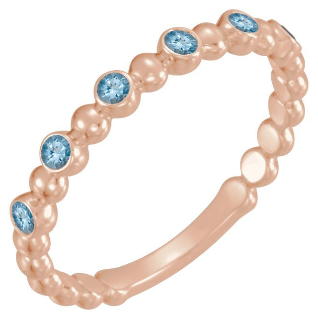 14K Gold Round Natural Aquamarine Stackable Bead Ring – 1.75mm Stones - Rose Gold
