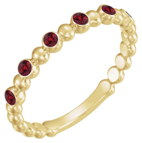 14K Gold Round Natural Mozambique Garnet Stackable Bead Ring – 1.75mm Stones - Yellow Gold