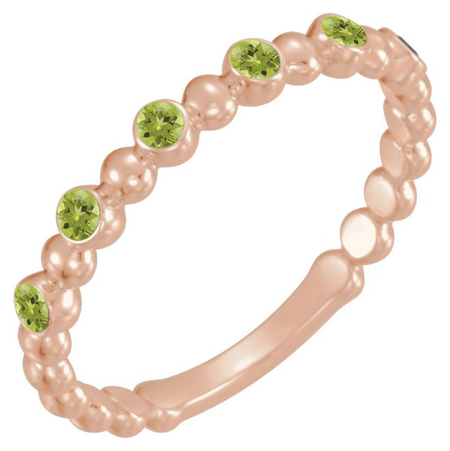 14K Gold Round Natural Peridot Stackable Bead Ring – 1.75mm Stones - Rose Gold