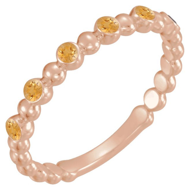 14K Gold Round Natural Citrine Stackable Bead Ring – 1.75mm Stones - Rose Gold