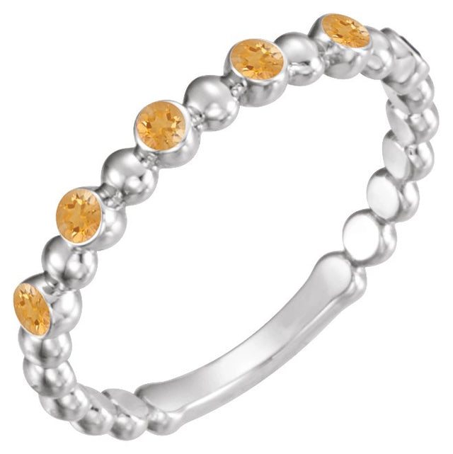 14K Gold Round Natural Citrine Stackable Bead Ring – 1.75mm Stones - White Gold