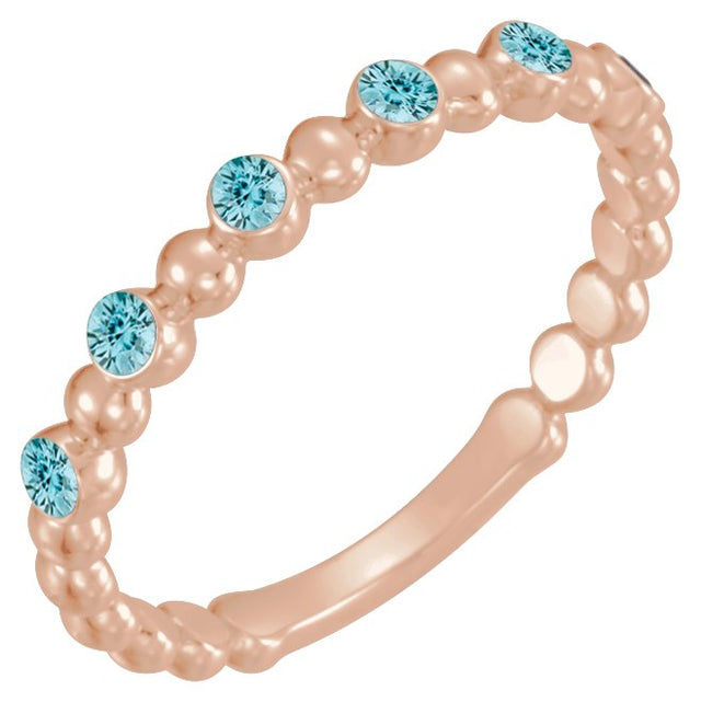 14K Gold Round Natural Blue Zircon Stackable Bead Ring – 1.75mm Stones - Rose Gold