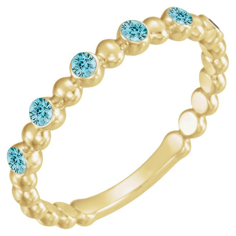 14K Gold Round Natural Blue Zircon Stackable Bead Ring – 1.75mm Stones - Yellow Gold
