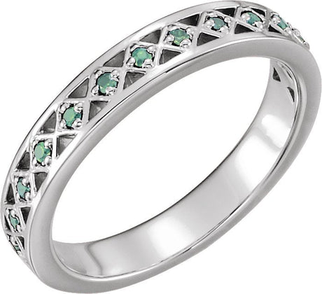 14K Gold Round Natural Emerald Stackable Ring - White Gold
