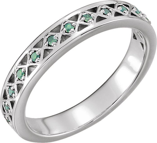 14K Gold Round Natural Emerald Stackable Ring - White Gold
