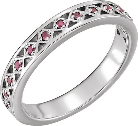 14K Gold Round Natural Pink Tourmaline Stackable Ring - White Gold