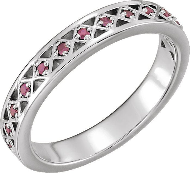 14K Gold Round Natural Pink Tourmaline Stackable Ring - White Gold