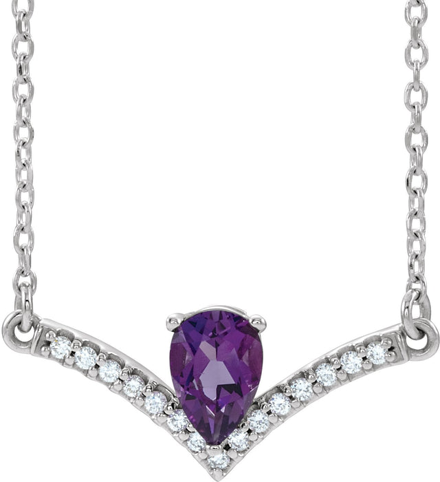 Platinum Pear Natural Amethyst Accented V Necklace