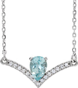 14K Gold Pear Natural Aquamarine Accented V Necklace - White Gold