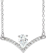14K Gold Pear Natural White Sapphire Accented V Necklace - White Gold