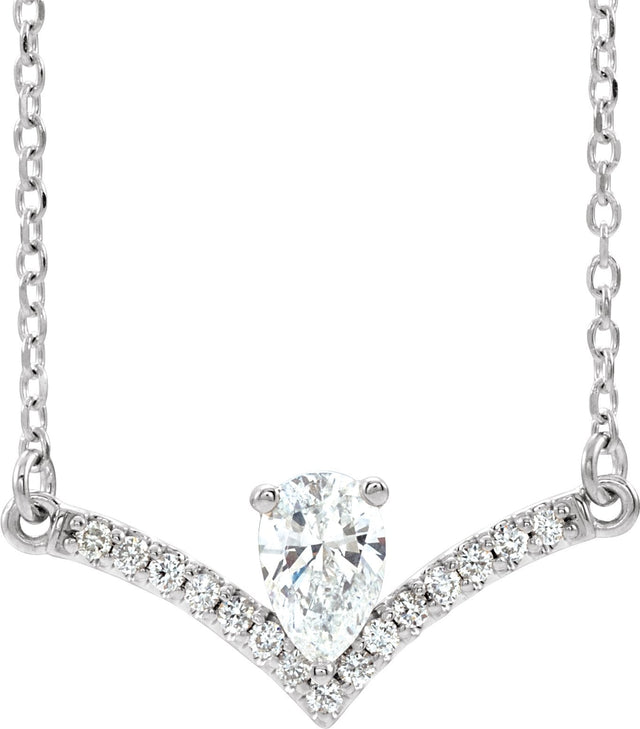 14K Gold Pear Natural Diamond Accented V Necklace - White Gold