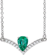 14K Gold Pear Natural Emerald Accented V Necklace - White Gold