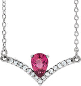 14K Gold Pear Natural Pink Tourmaline Accented V Necklace - White Gold