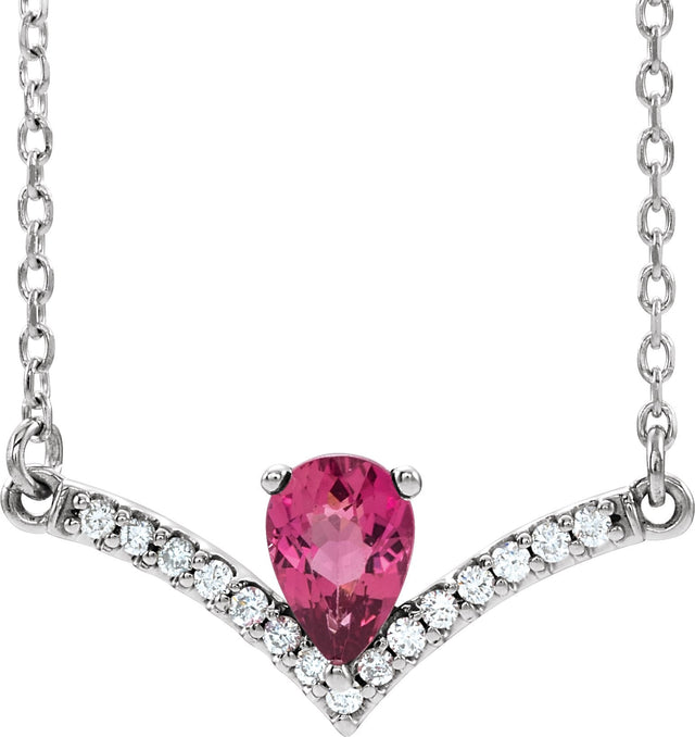 14K Gold Pear Natural Pink Tourmaline Accented V Necklace - White Gold