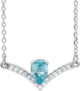 Platinum Pear Natural Blue Zircon Accented V Necklace