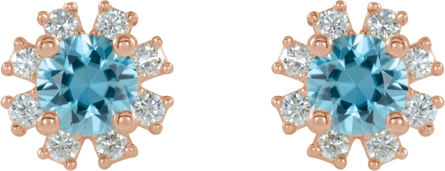 14K Gold Natural Blue Zircon Round 4-Prong Halo-Style Earrings - Rose Gold - view 2