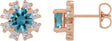 14K Gold Natural Blue Zircon Round 4-Prong Halo-Style Earrings - Rose Gold