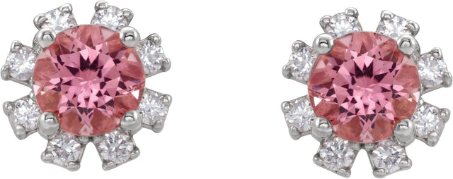 14K Gold Natural Pink Tourmaline Round 4-Prong Halo-Style Earrings - White Gold - view 2